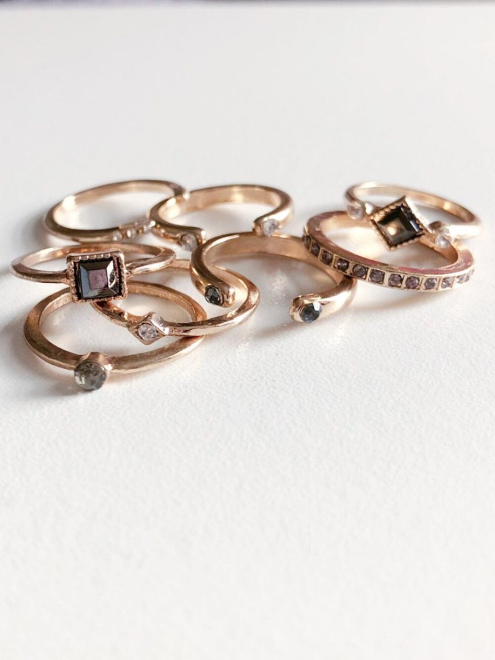Retro Sparkling Sage 14kt Gold Plated Rings Set of 8